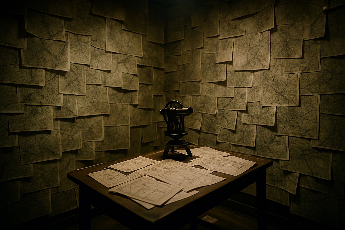 The room had disappeared under paper. Every wall, floor to ceiling, covered in maps.