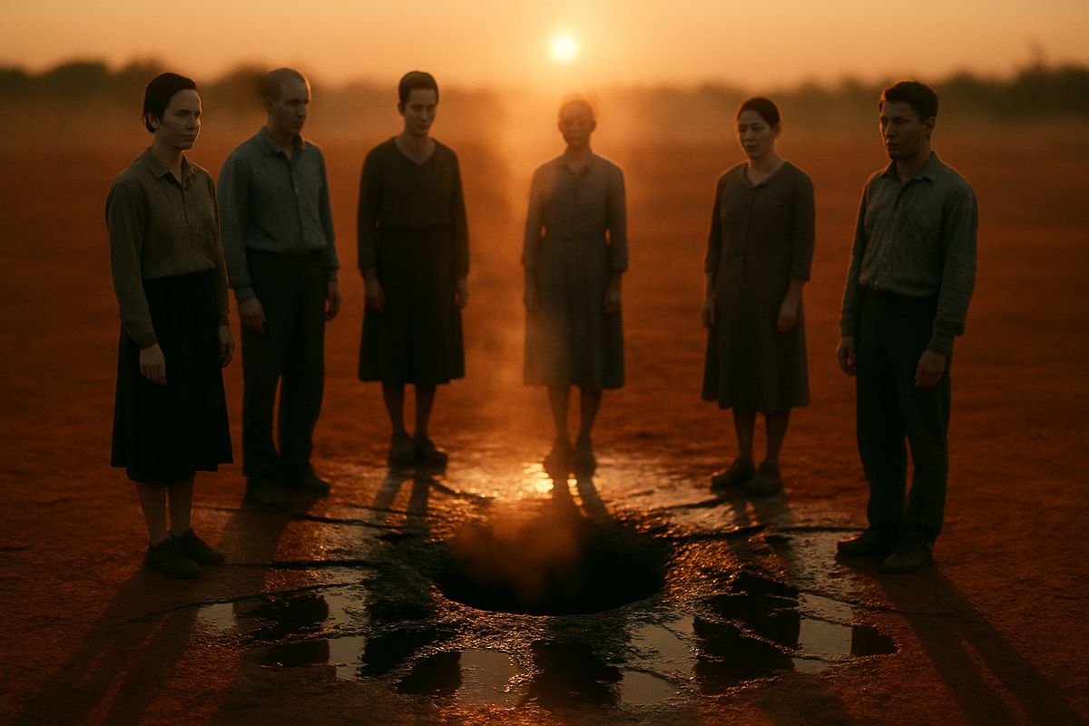 Seven people standing around the bore hole, their feet planted in red dirt, their bodies vibrating with that underground breathing.