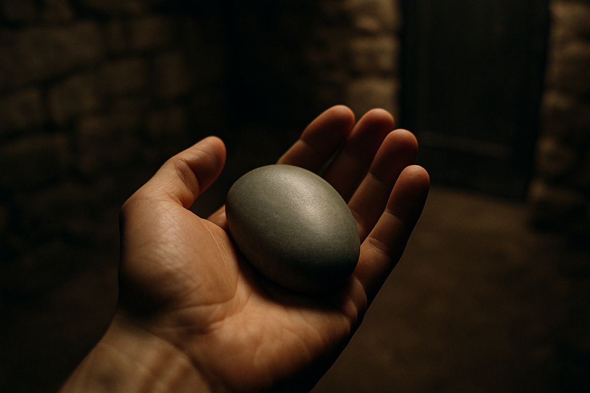 A stone. Smooth, oval, gray. The size of a thumb. Worn down, not by water, but by handling.