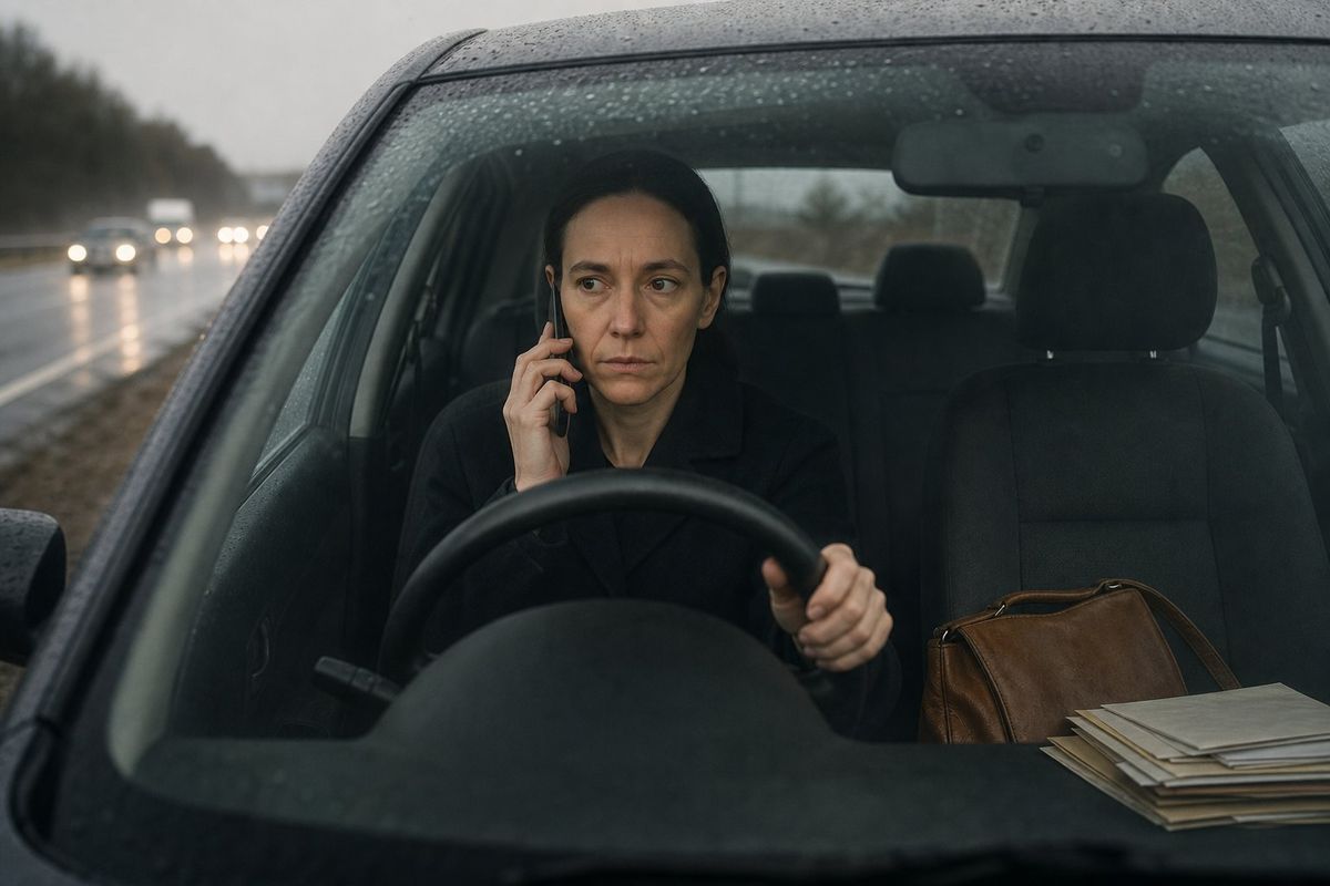 She let it ring twice — the old habit, the small measure of who was managing whom — and pulled onto the hard shoulder before she answered, because she did not take calls at speed and she did not take Marcus at speed least of all.