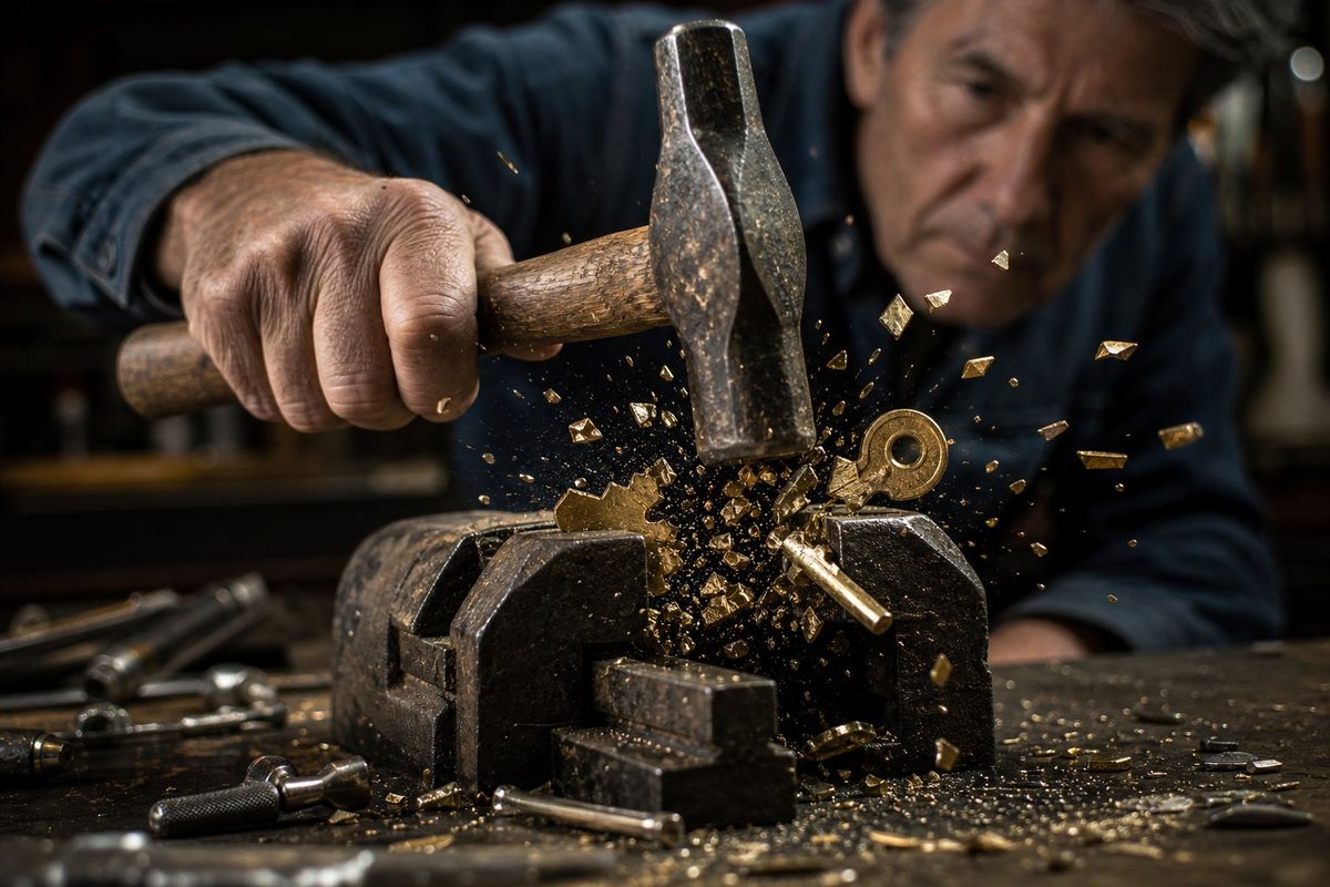 The brass shattered. Not bent, not deformed—shattered, fragmenting into pieces that scattered across his workbench like shrapnel.